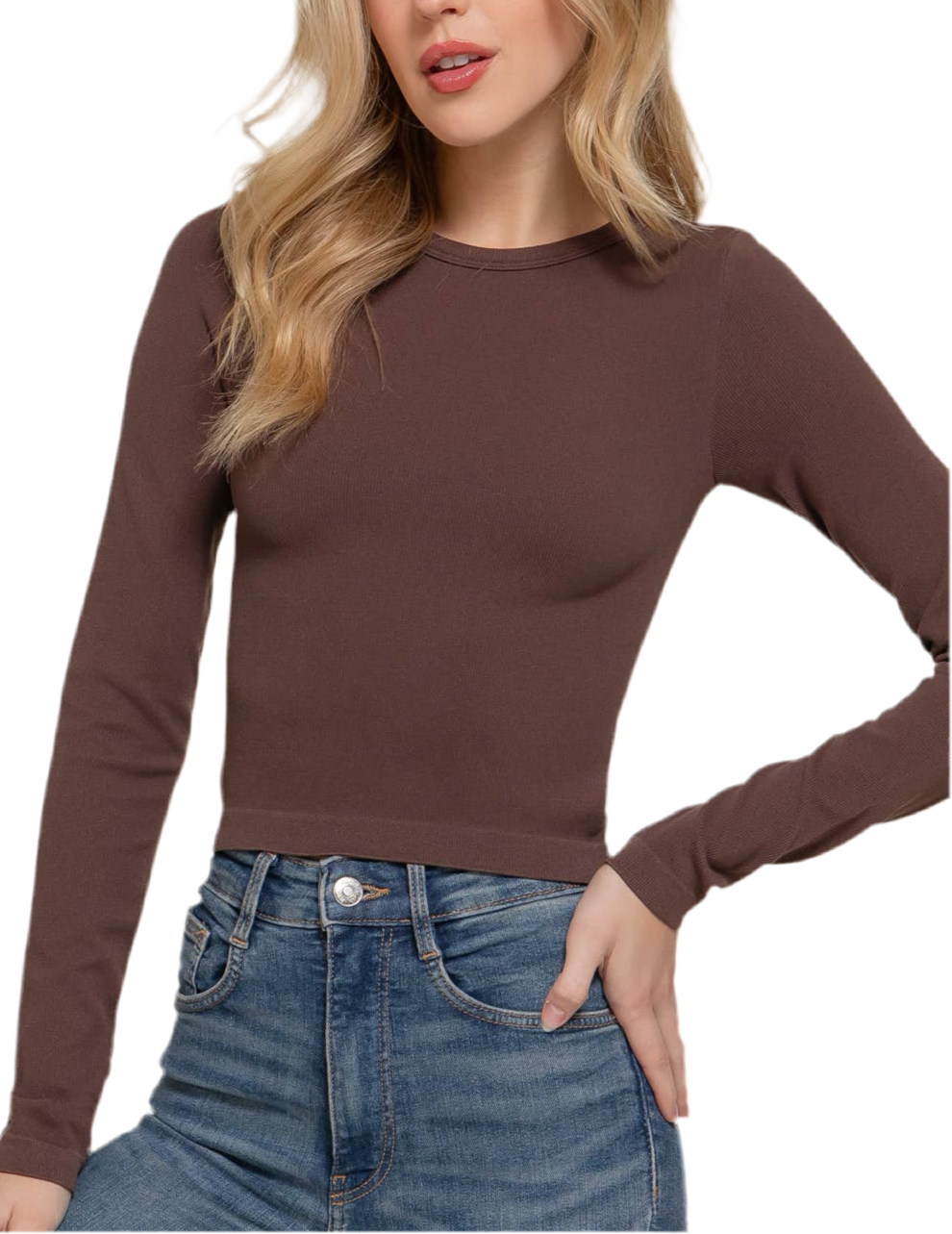 Long Slv Crew Neck Rib Seamless Top:Brown