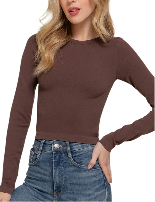 Long Slv Crew Neck Rib Seamless Top:Brown