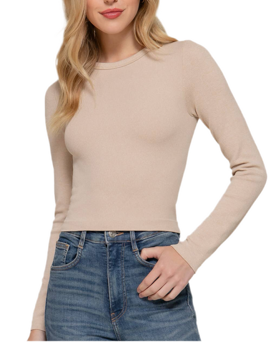 Long Slv Crew Neck Rib Seamless Top:latte taupe